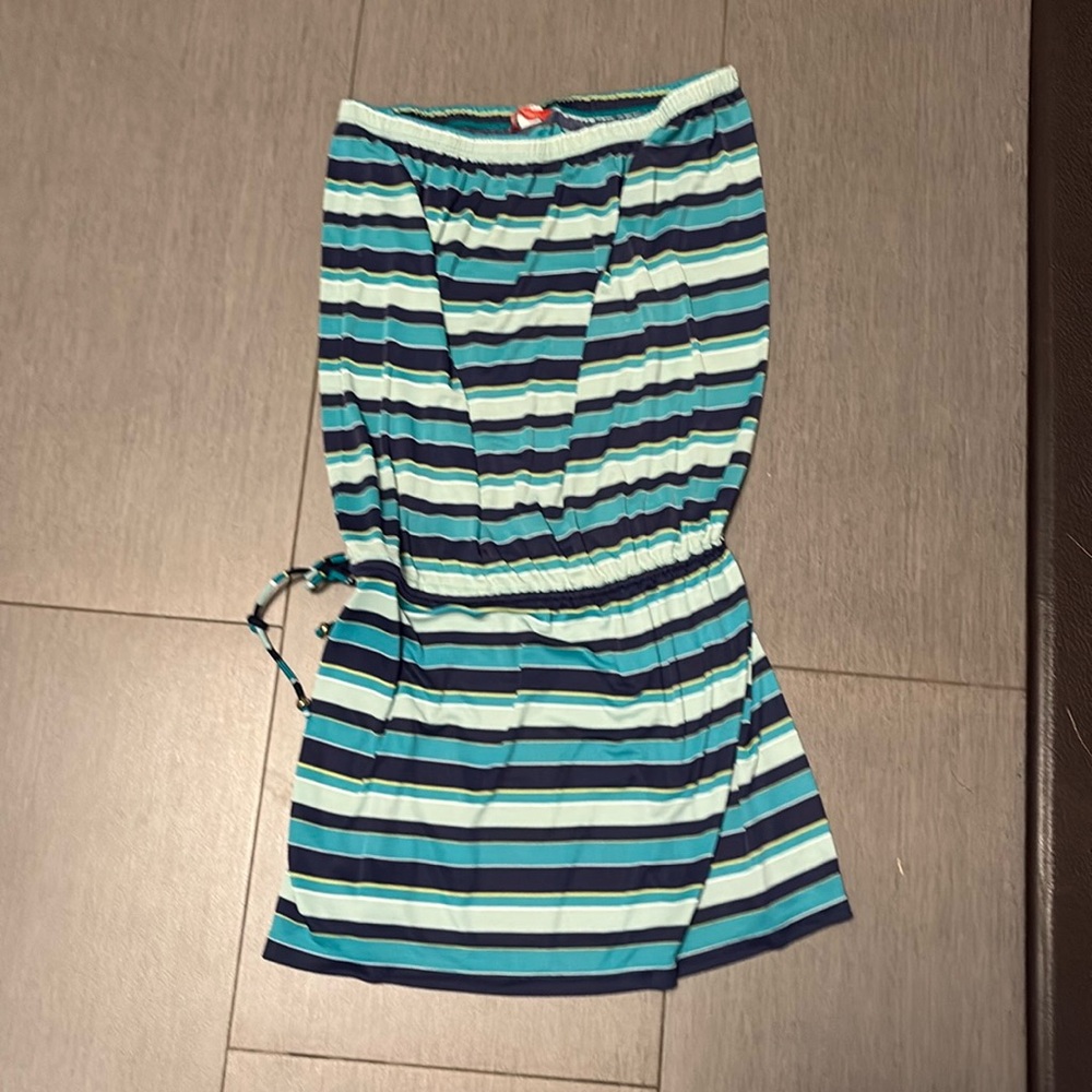 Striped strapless flowing mini dress with cinched waist… great swim cover-up